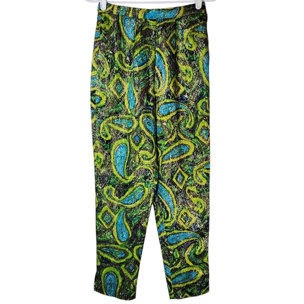 2382 * Malbe Original Paisley Pants Teal Green Size 9/10 Vintage 60s 70s